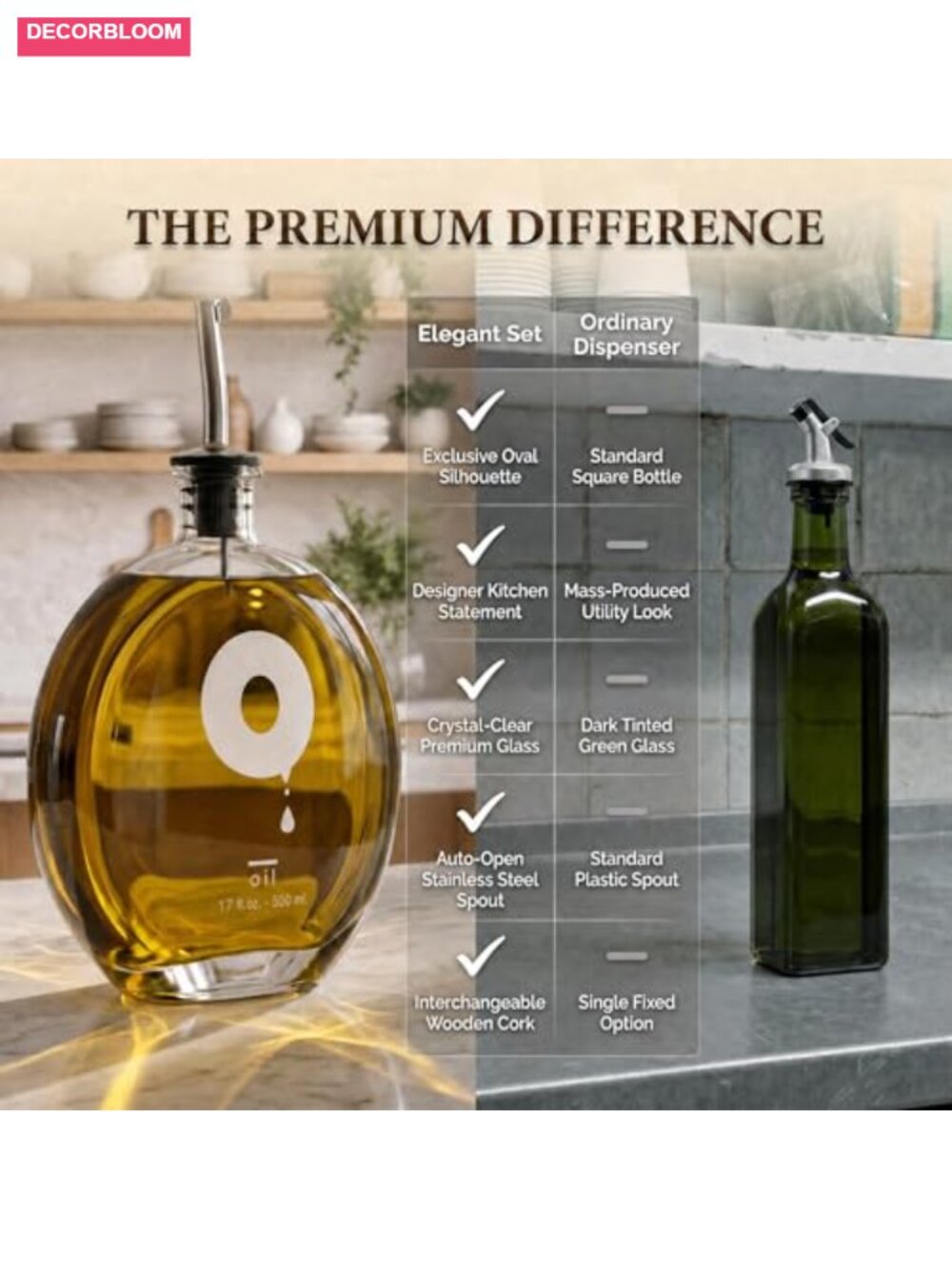 Glass Oil and Vinegar Dispenser Set 17oz with Corks & Pourers - Picture 3 of 6